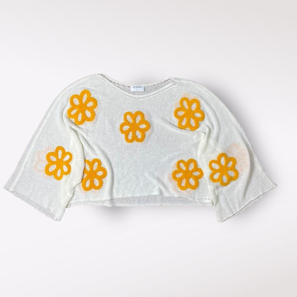 Storia White Orange Flowers Boho Preppy Open Knit Sweater Size S